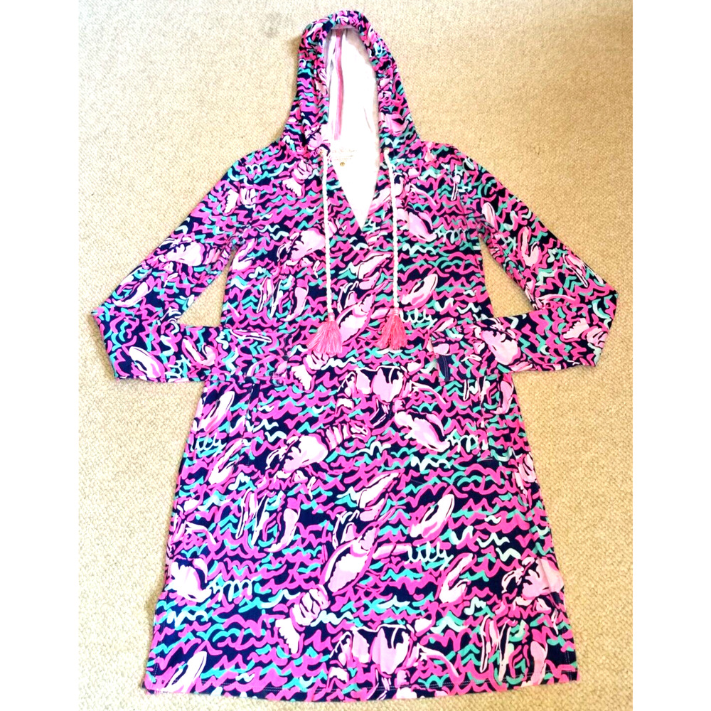Womens Beach Cover-Up-LILLY PULITZER-'Navy Pop Up Lobstah Roll' 'Riley' hood-XS